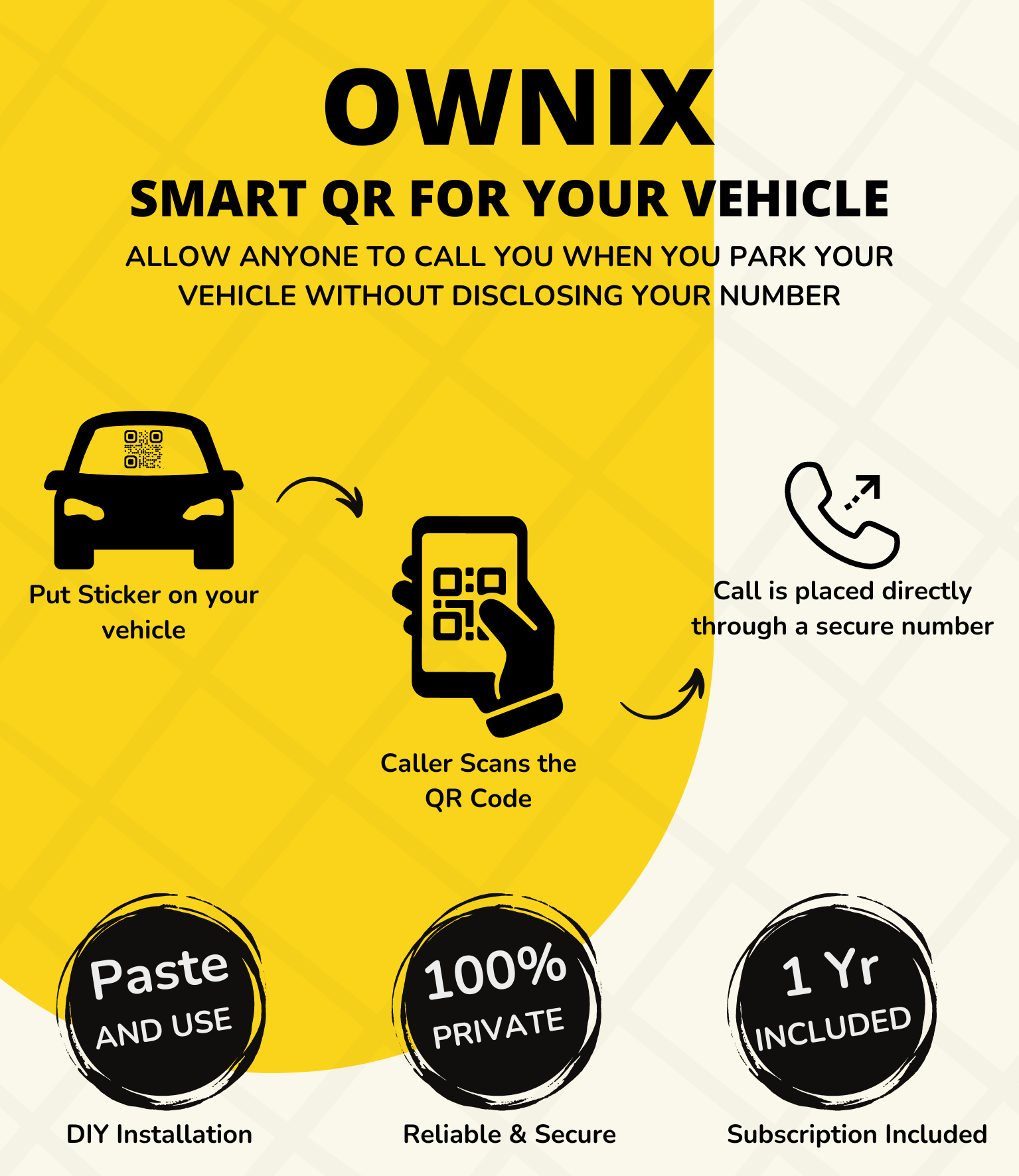 Ownix Smart QR for your vehicle — let anyone call you when parked, without revealing your number