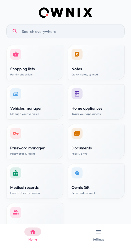 Ownix app home screen showing shopping lists, notes, vehicles, documents, passwords and more